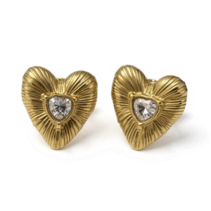 Kalp Ortası Zirkon Taşlı Altın Kaplama Çelik Küpe