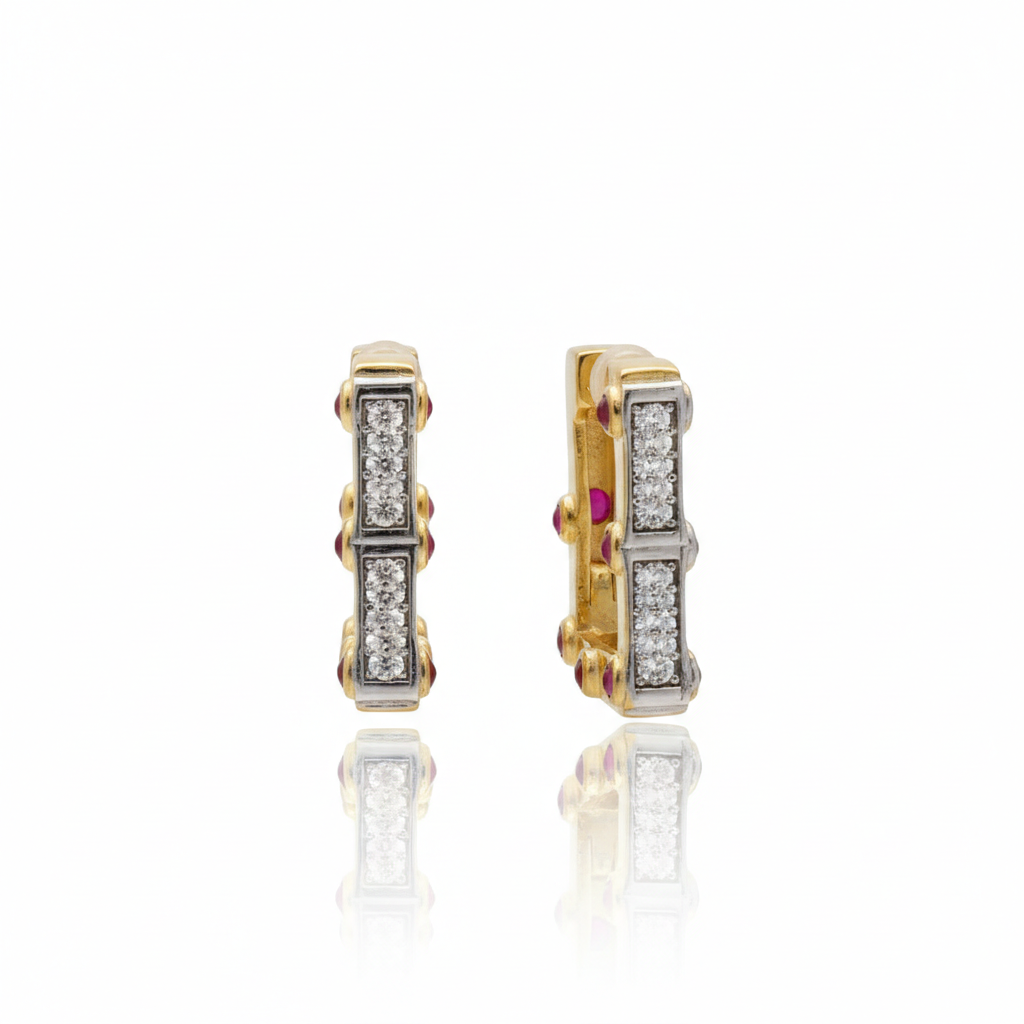 Pembe Yakut Işıltılı Kare Form Küpe